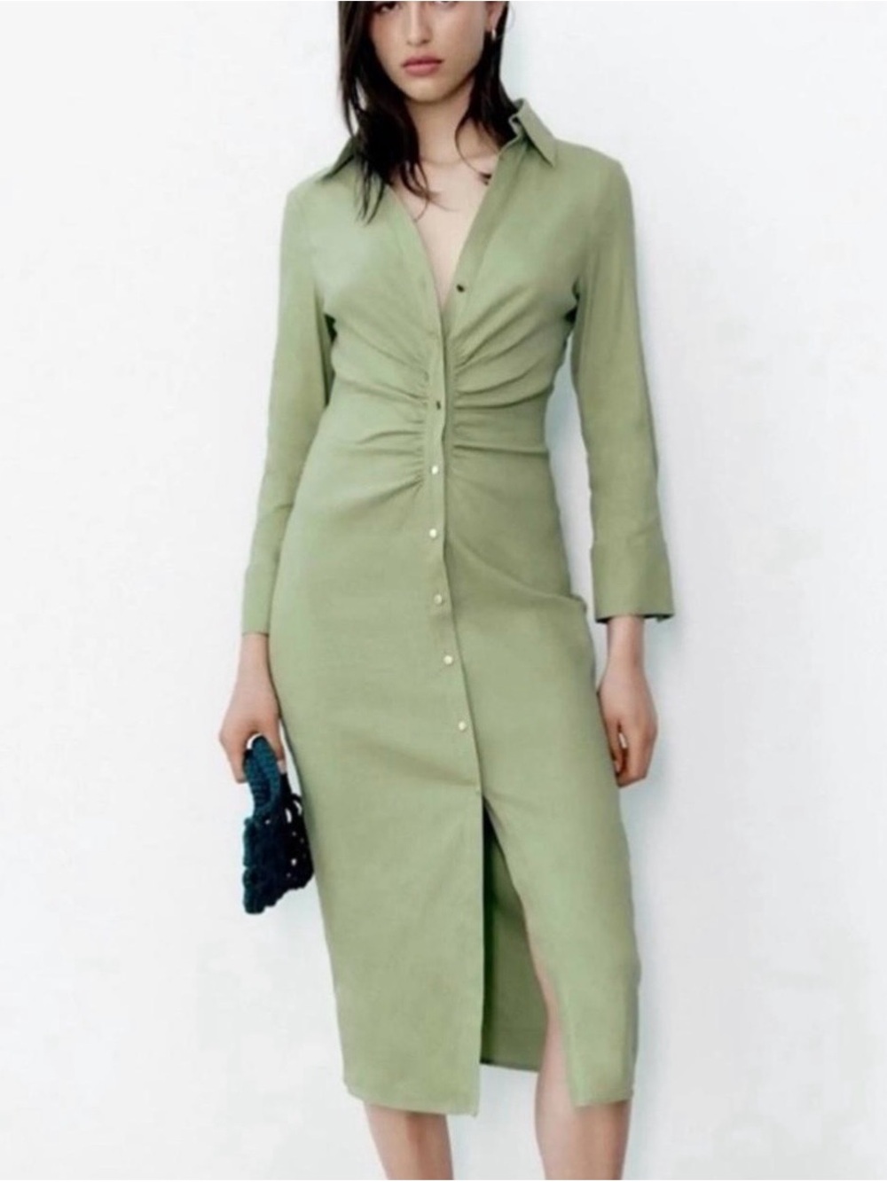 Zara Light Sage Green Ruched Button-Front Shirt Dress